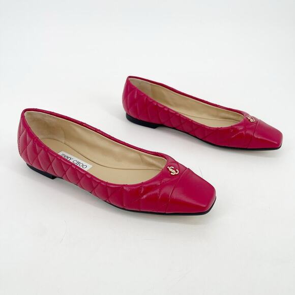 Jimmy Choo Leni Raspberry Quilted Leather Logo Square Toe Ballet Flat IT 39.5 - Picture 2 of 11